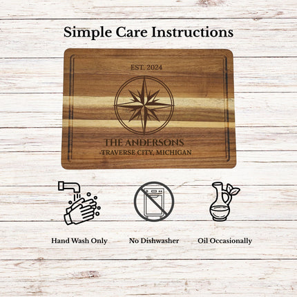 Cutting board care instructions showing hand wash only no dishwasher and oil occasionally for long lasting acacia wood maintenance