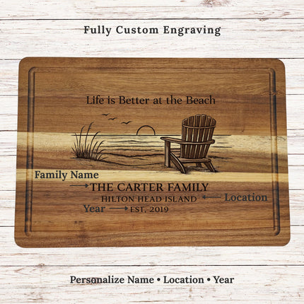 Custom engraved family name location and established date on personalized beach house cutting board