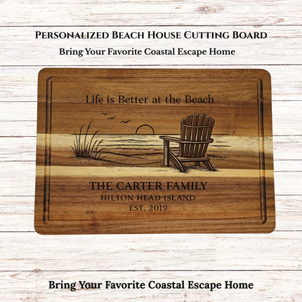Personalized beach house cutting board with Adirondack chair engraving and custom family name displayed on acacia wood