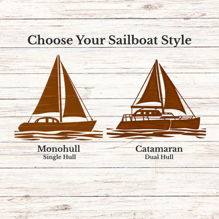 Comparison of monohull and catamaran sailboat engraving styles for personalized nautical cutting board