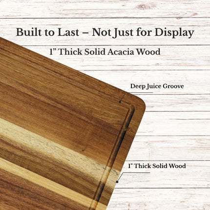 Thick solid acacia wood cutting board with deep juice groove designed for durability and everyday kitchen use