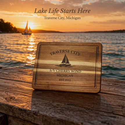 Traverse City Sailboat Cutting Board, Personalized Acacia Wood, Custom Boat Name Nautical Kitchen Decor