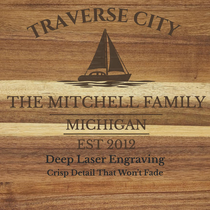 Traverse City Sailboat Cutting Board, Personalized Acacia Wood, Custom Boat Name Nautical Kitchen Decor