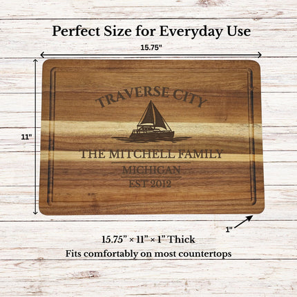 Traverse City Sailboat Cutting Board, Personalized Acacia Wood, Custom Boat Name Nautical Kitchen Decor
