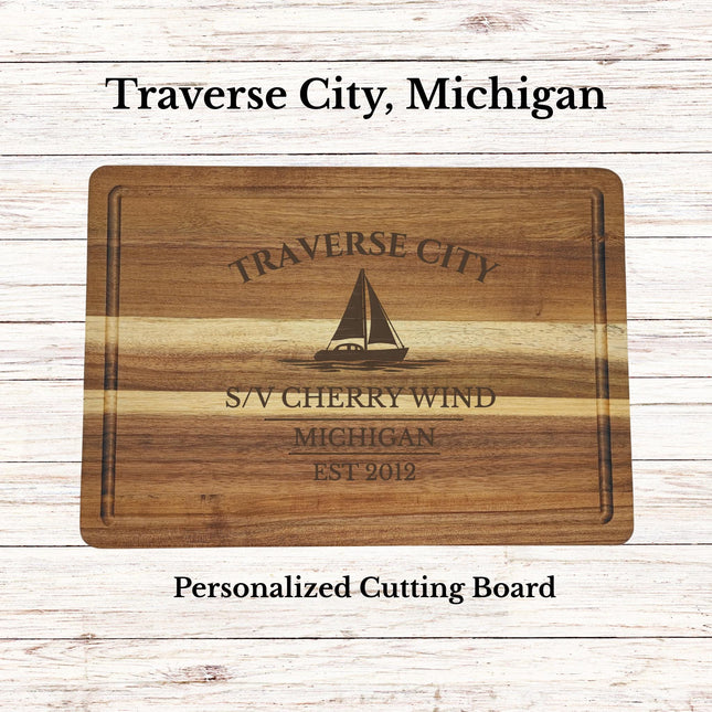 Traverse City Sailboat Cutting Board, Personalized Acacia Wood, Custom Boat Name Nautical Kitchen Decor