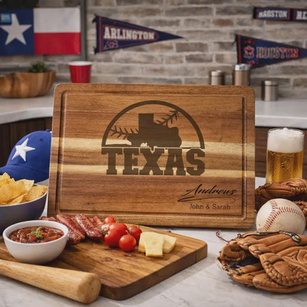 Texas baseball cutting board displayed in kitchen setting with food and drinks for casual entertaining