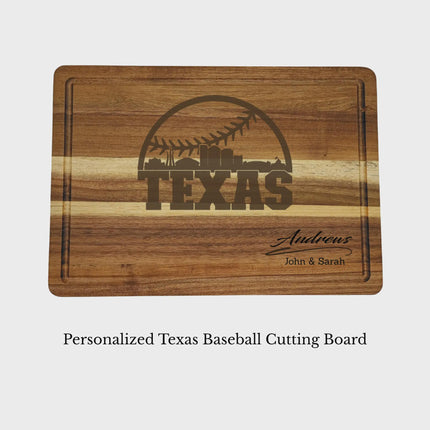 Texas baseball cutting board personalized with name laser engraved on acacia wood isolated on white background