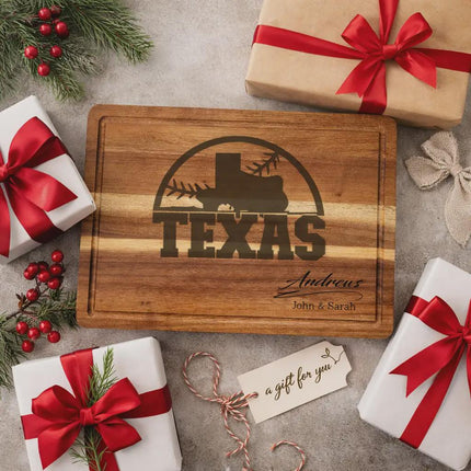 Personalized Texas baseball cutting board presented as a gift with wrapped boxes ribbon and decorative elements