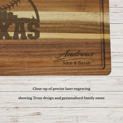 Close up of laser engraved Texas baseball design on personalized acacia wood cutting board