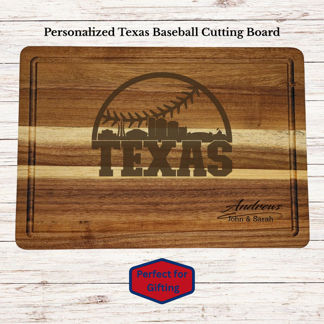 Personalized Texas baseball cutting board engraved on acacia wood with custom family name and state design
