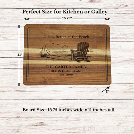 15.75 by 11 inch personalized cutting board shown on kitchen counter for size reference