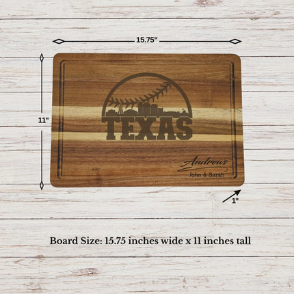 Texas baseball cutting board dimensions showing size thickness and juice groove details on acacia wood board