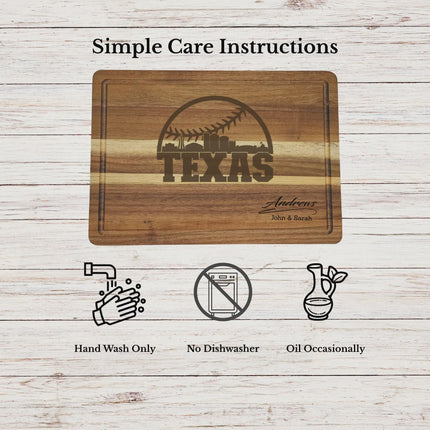 Care instructions for acacia wood cutting board showing cleaning oiling and maintenance for long lasting use