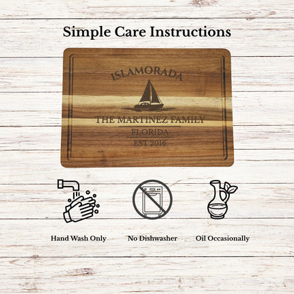 Islamorada Florida Keys cutting board care instructions showing how to clean oil and maintain acacia wood for long lasting use