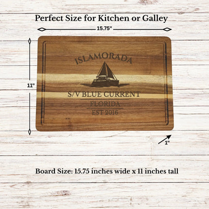 Islamorada Florida Keys sailboat cutting board dimensions and features including size thickness juice groove and edge detail