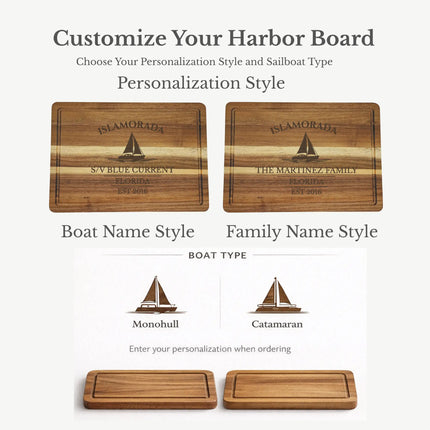 Islamorada Florida Keys cutting board personalization options showing custom boat name family name established year and sailboat engraving styles