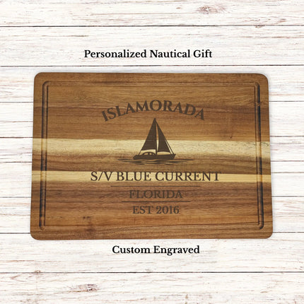 Islamorada Florida Keys sailboat cutting board personalized with Blue Current boat name nautical gift