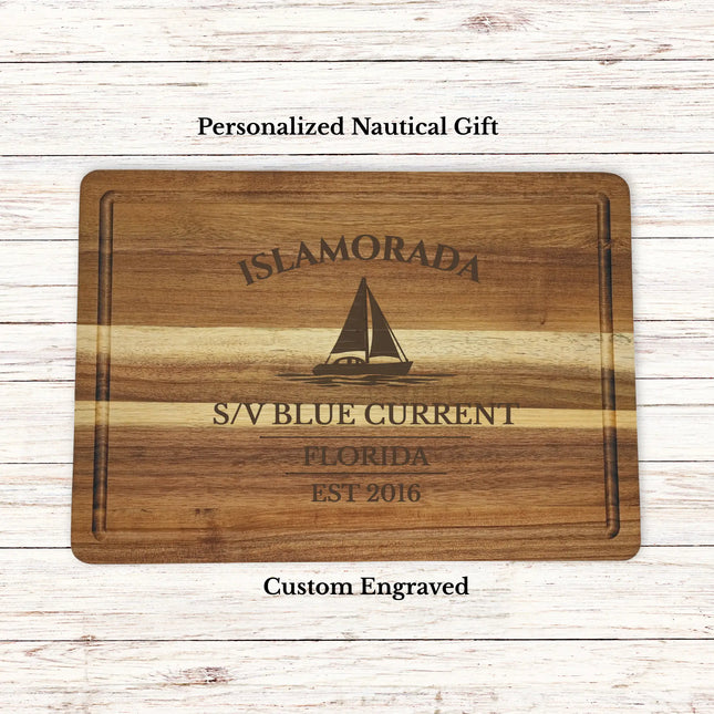 Islamorada Florida Keys sailboat cutting board personalized with Blue Current boat name nautical gift