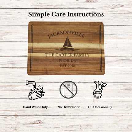 Jacksonville Florida cutting board care instructions showing how to clean oil and maintain acacia wood for long lasting use
