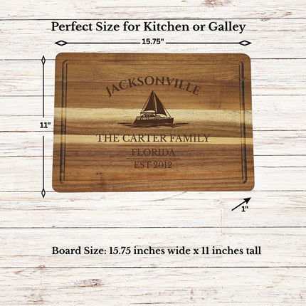 Jacksonville Florida sailboat cutting board dimensions and features including size thickness juice groove and edge detail