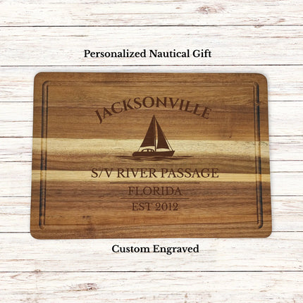 Jacksonville Florida sailboat cutting board personalized with River Passage boat name nautical gift