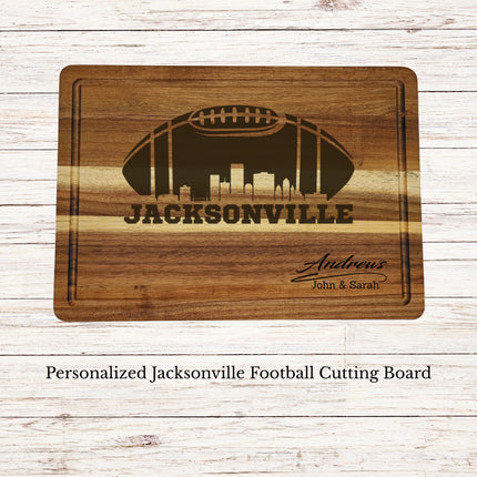 Personalized Jacksonville football cutting board engraved on acacia wood with skyline design and family name