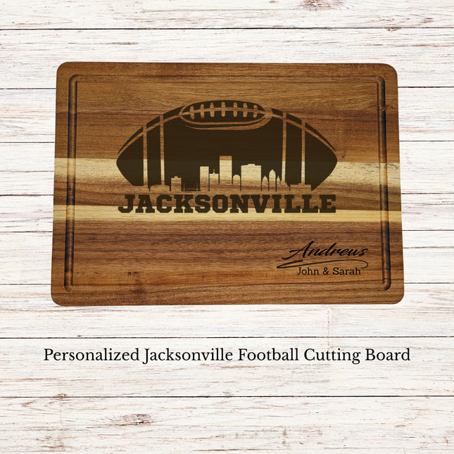 Personalized Jacksonville football cutting board engraved on acacia wood with skyline design and family name
