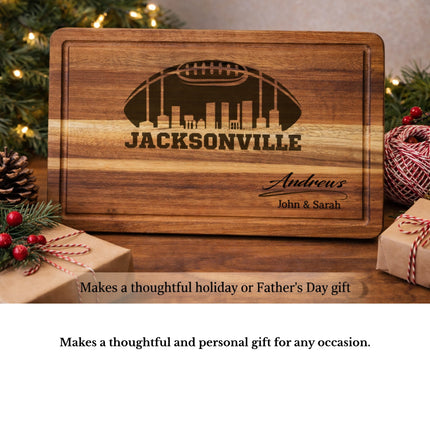 Personalized Jacksonville football cutting board gift with engraved skyline design and family name on acacia wood