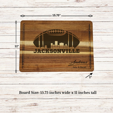 Jacksonville football cutting board showing board size dimensions and engraving layout