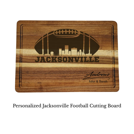 Jacksonville football cutting board personalized with family name shown on clean white background