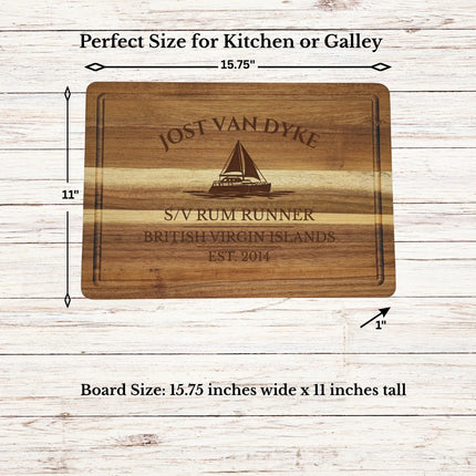 Jost Van Dyke British Virgin Islands sailboat cutting board dimensions and features including size thickness juice groove and edge detail