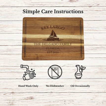 Key Largo Florida Keys cutting board care instructions showing how to clean oil and maintain acacia wood for long lasting use