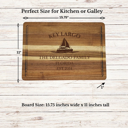 Key Largo Florida Keys sailboat cutting board dimensions and features including size thickness juice groove and edge detail