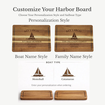 Key Largo Florida Keys cutting board personalization options showing custom boat name family name established year and sailboat engraving styles