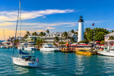 Key West Harbor with sailboats, turquoise tropical water, palm-lined waterfront, and colorful island marina beneath a bright Florida sky.