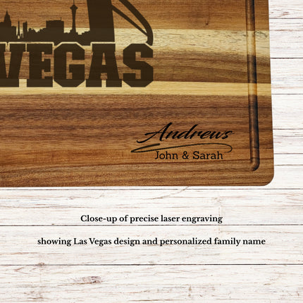 Close up of custom family name engraving on personalized Las Vegas football cutting board made from acacia wood