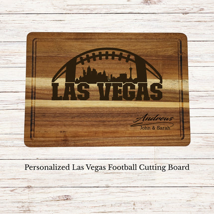 Personalized Las Vegas football cutting board engraved on acacia wood with skyline football design and custom family name