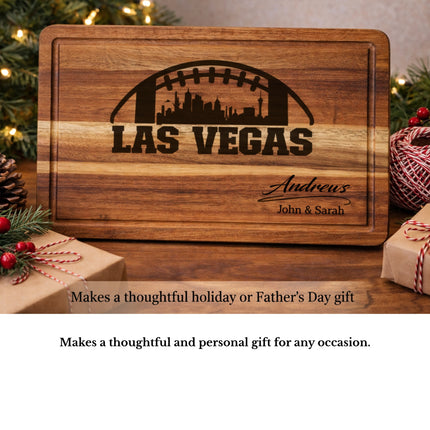 Personalized Las Vegas football cutting board displayed as a thoughtful gift idea surrounded by wrapped presents and holiday decor