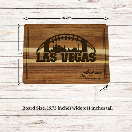 Personalized Las Vegas football cutting board showing size thickness and deep juice groove on acacia wood