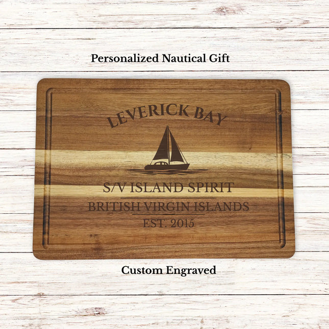 Leverick Bay British Virgin Islands sailboat cutting board personalized with Island Spirit boat name nautical gift