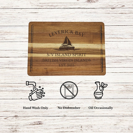 Leverick Bay British Virgin Islands cutting board care instructions showing how to clean oil and maintain acacia wood for long lasting use
