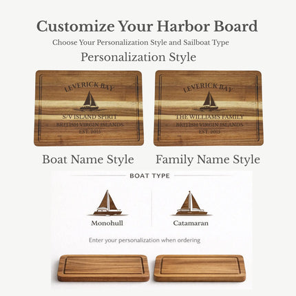 Leverick Bay British Virgin Islands cutting board personalization options showing custom boat name family name established year and sailboat engraving styles