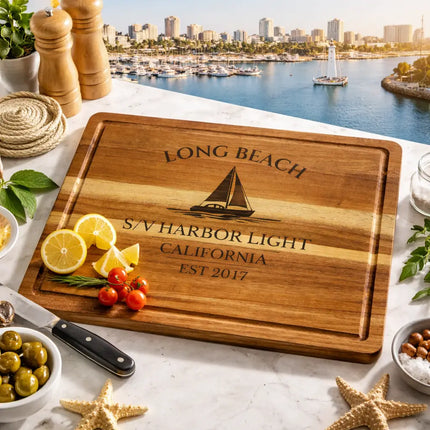 Long Beach California sailboat cutting board displayed in coastal kitchen with harbor view and fresh ingredients