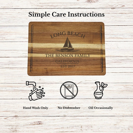 Long Beach California cutting board care instructions showing how to clean oil and maintain acacia wood