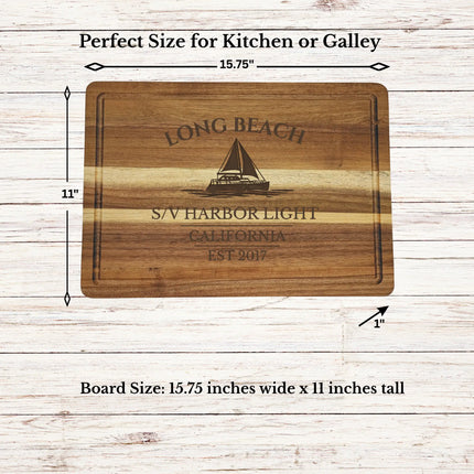 Long Beach California sailboat cutting board dimensions and features including size thickness juice groove and reversible acacia wood design