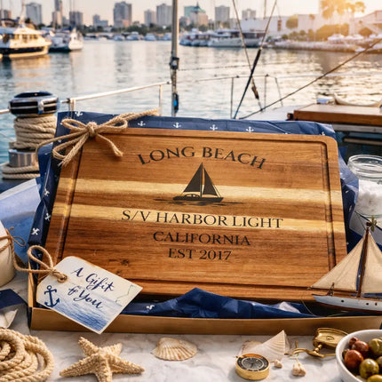 Long Beach California personalized cutting board gift in nautical themed box with rope shells compass and coastal decor