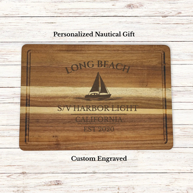 Personalized Long Beach California sailboat cutting board engraved with boat name Harbor Light nautical gift