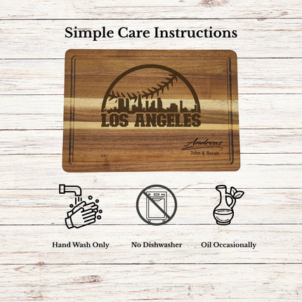 Care instructions for acacia wood cutting board showing cleaning oiling and maintenance for long lasting use