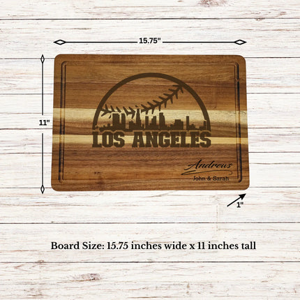 Los Angeles baseball cutting board dimensions showing size thickness and juice groove details on acacia wood board
