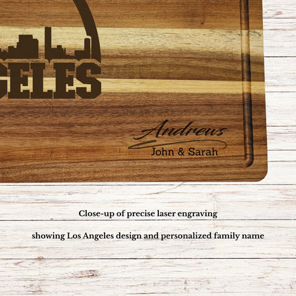 Close up of laser engraved Los Angeles skyline baseball design on personalized acacia wood cutting board